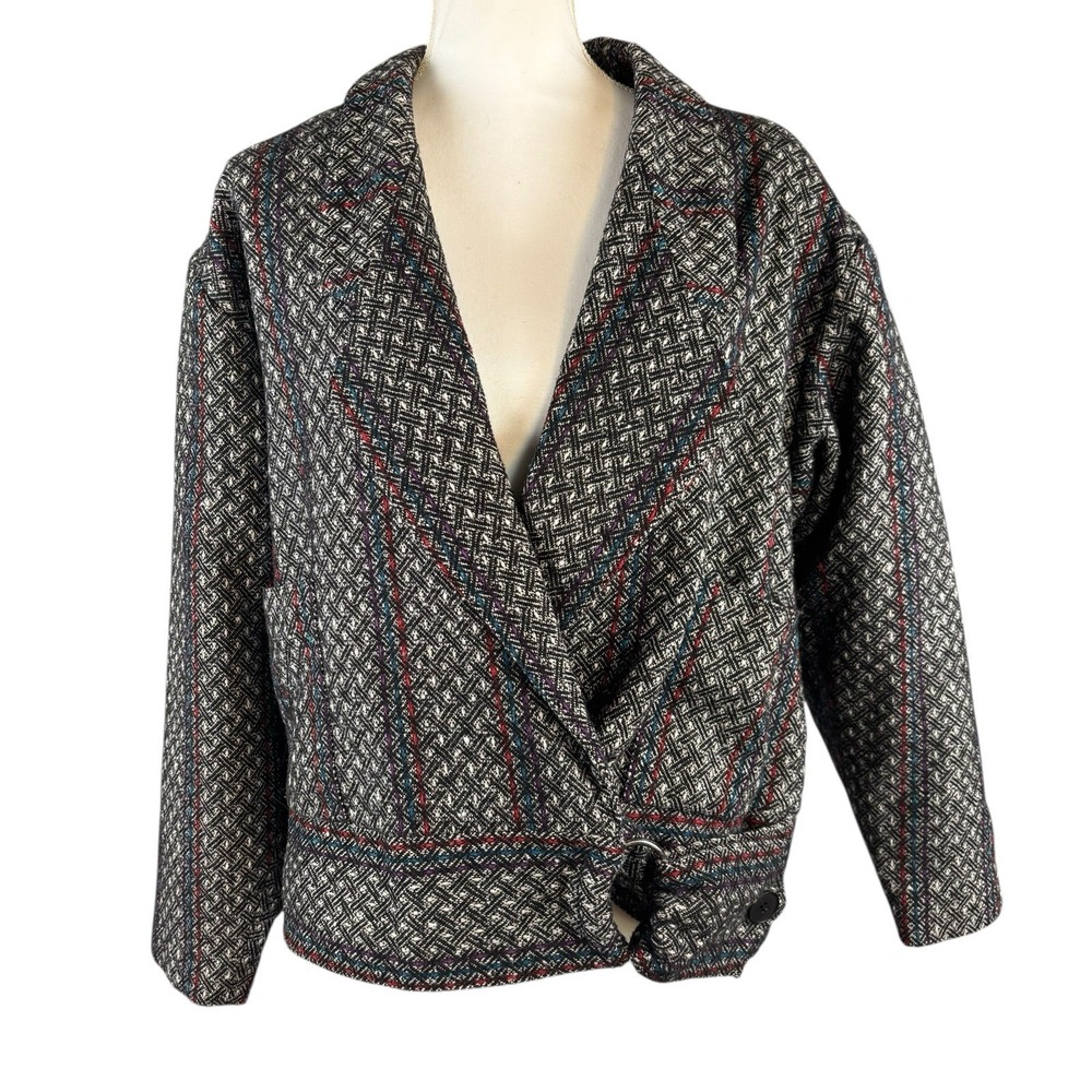 Vtg H.L. Spencer‎ Womens Moto Jacket Wool Size 12 Black Stripe Herringbone
